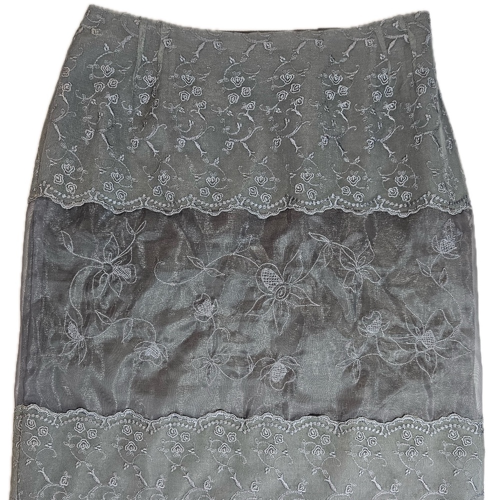 Maxou Pour Toi Skirt Womens 6 Gray Silver Embroidered Floral Lined Made USA‎